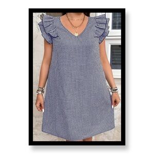 Women’s Plus Size Elegant Plaid Mini Bell  Blue Gingham Ruffle Sleeve Dress